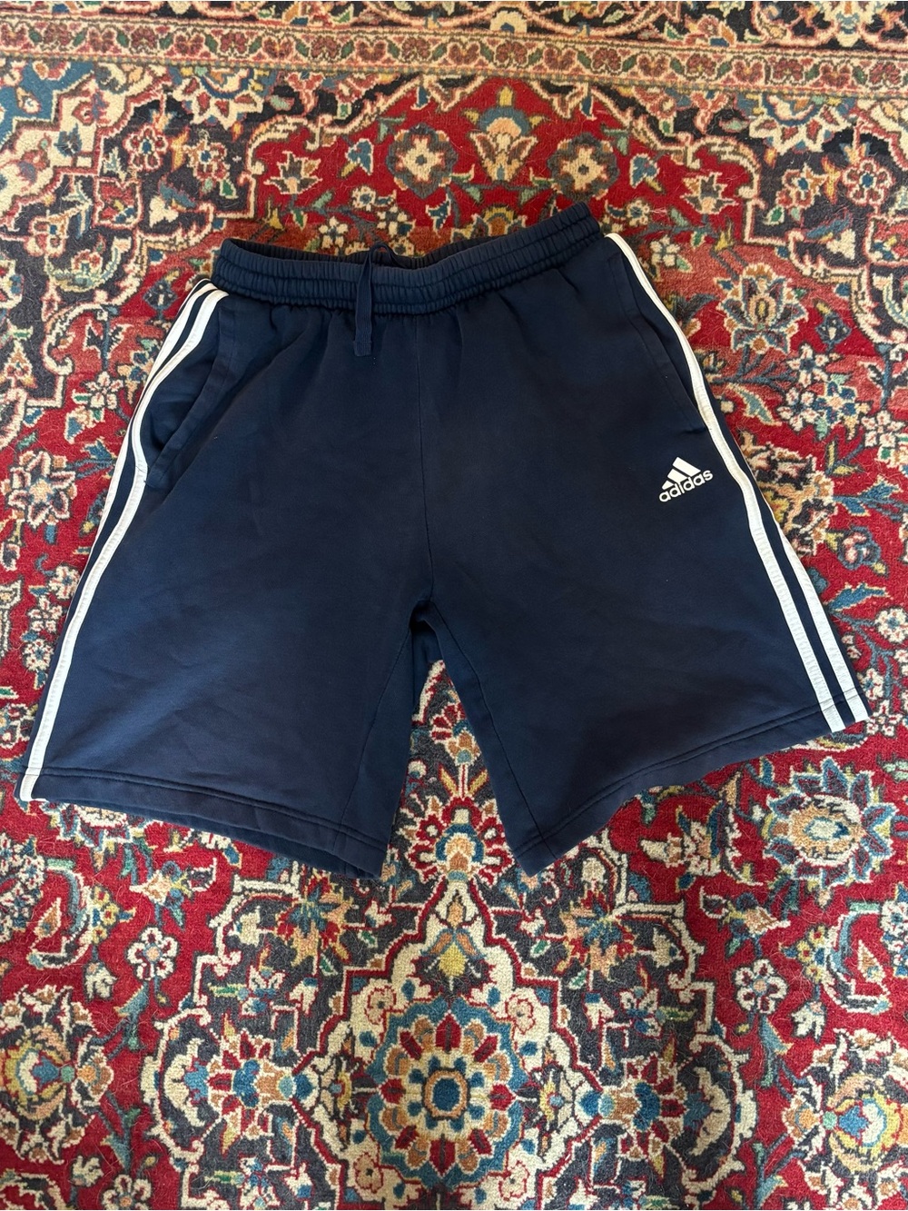 Adidas Navy Athletic Shorts with White Triple Stripes